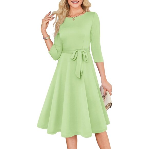 Women's light Green3/4 Sleeve Vintage Flattering A-line Vintage Cocktail Dresses - Picture 2 of 5